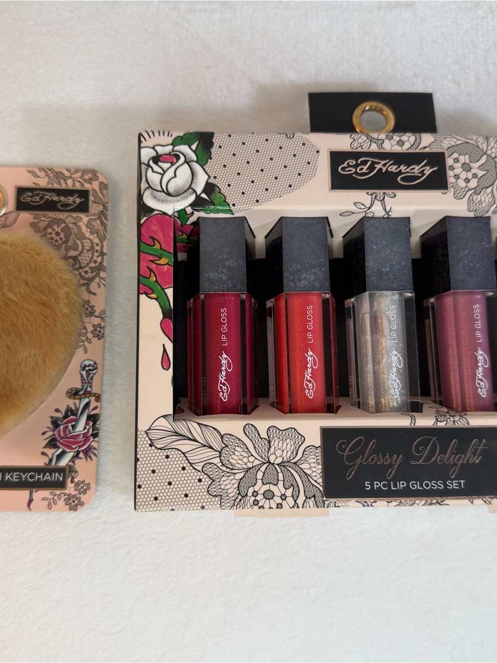NWT Ed Hardy 5-Pc Lip Gloss Set & Faux Fur Heart Keychain Mirror